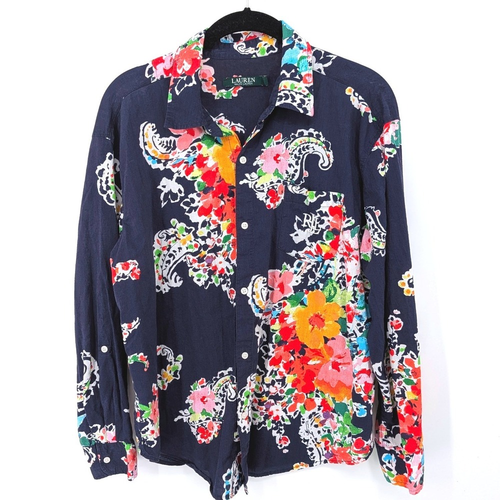 Lauren Ralph Lauren Button Down Women Medium Navy Floral Paisley Print Colorful